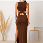 Elegant Brown Cut-Out Maxi Dress